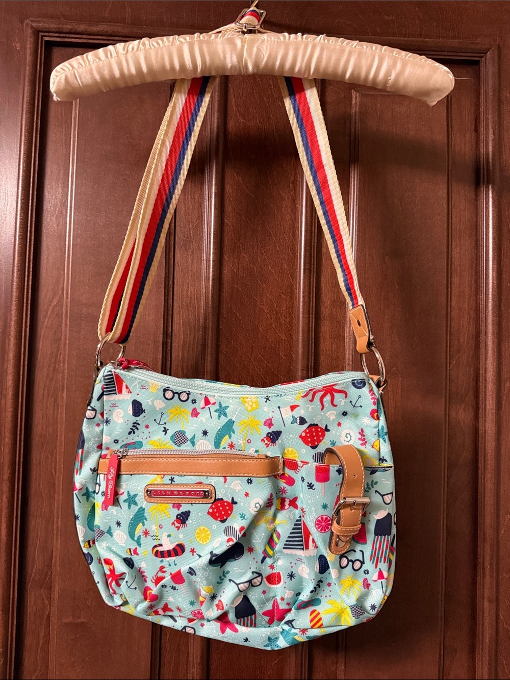 Lily Bloom Light Blue Patterned Crossbody Shoulder Bag with Striped Strap